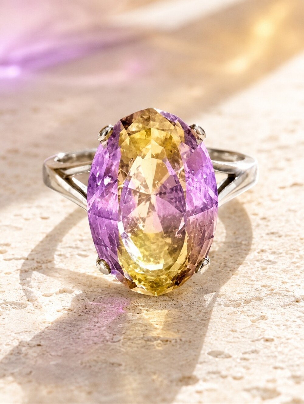 Vintage Ametrine Sterling Silver Ring 5.5 Large Bicolor Oval Gemstone